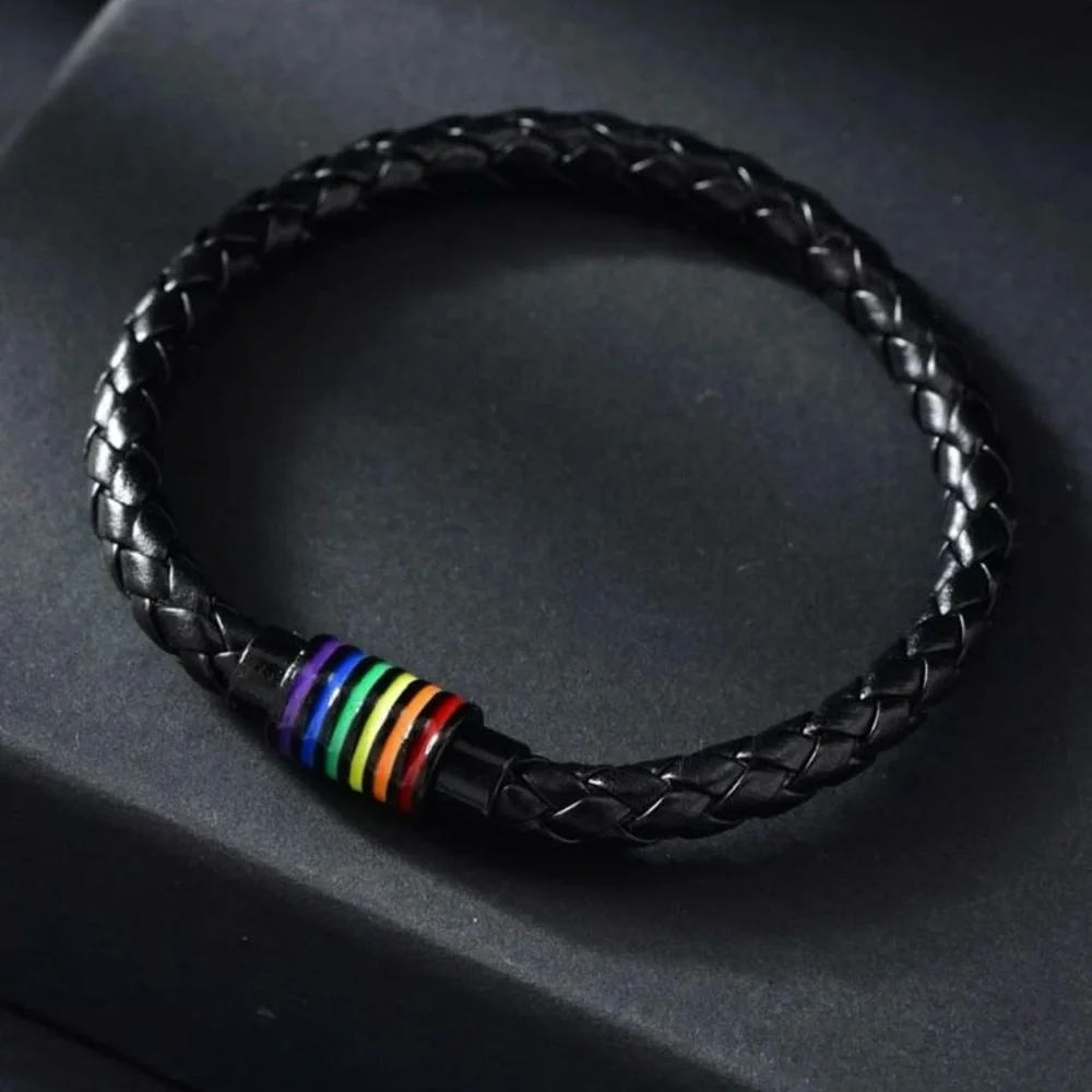 New Pride LGBTQ+ Mens,‎ Womens Braided Rainbow Striped Pattern Black Bracelet